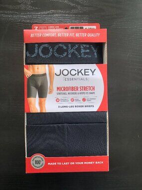Jockey Essentials Men's 3-Pack Boxer Briefs Long Leg Small (28-30") Black NEW